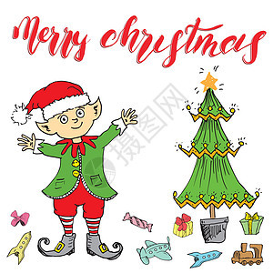 圣诞快乐 用精灵手画的矢量插图假期松树手绘绘画书法小精灵写作庆典乐趣季节图片