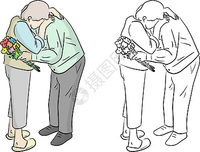 高贵的女人拥抱他丈夫 用鲜花束子站着图片