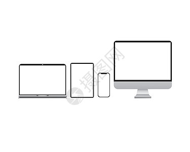 个人电脑逼真的矢量数字白色台式电脑显示屏智能手机平板电脑便携式笔记本电脑或笔记本电脑和 taplet 概述样机电子设备电话监控线简单隔离设计图片