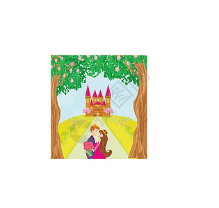 公主和王子 在美丽的花园里香味阳台国王会议栏杆花瓣城堡圆圈横幅建筑学图片