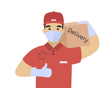 Courier 安全食品和货物交付;带面罩和手套的送货员图片