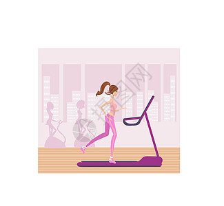 女子在健身房的跑步机上奔跑运动员女性心血管竞技成人插图运动女孩绘画训练图片