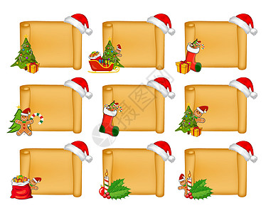带圣诞装饰的羊皮纸卷轴 用于愿望清单或圣诞贺卡的旧空纸莎草纸 与圣诞树和礼品的水平背景 还有圣诞帽和包图片