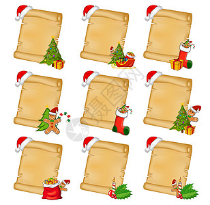 圣诞羊皮纸卷轴镶有装饰品 用于圣诞贺卡的旧空纸莎草纸 带有圣诞树礼物和其他圣诞符号的垂直背景 装饰有圣诞帽图片