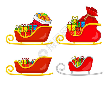装满礼物套装的圣诞老人雪橇 带着圣诞老人礼物的雪橇 孤立在白色背景上的圣诞节插图 圣诞节的矢量圣诞老人雪橇符号 季节性卡通图标集图片