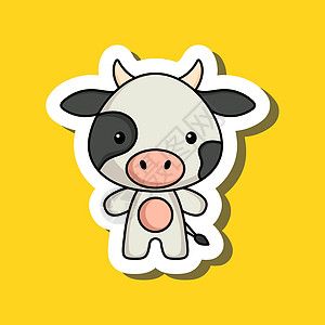 可爱的卡通贴纸小奶牛 为儿童卡片设计的吉祥物动物角色婴儿送礼会海报生日邀请服 卡通风格的彩色幼稚矢量插图图片