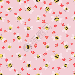 蜜蜂和鲜花在彩色背景上的无缝模式 可爱的卡通黄蜂角色 邀请函 卡片 纺织品 织物的模板设计 涂鸦风格 矢量库存插图图片