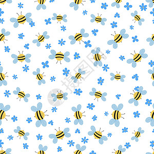 蜜蜂和鲜花在白色背景上的无缝模式 可爱的卡通黄蜂角色 邀请函 卡片 纺织品 织物的模板设计 涂鸦风格 矢量库存插图绘画卡通片熊蜂图片