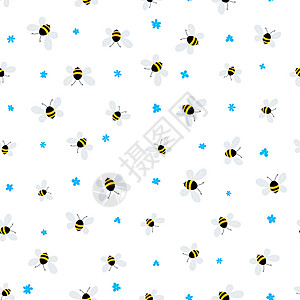 蜜蜂和鲜花在白色背景上的无缝模式 可爱的卡通黄蜂角色 邀请函 卡片 纺织品 织物的模板设计 涂鸦风格 矢量库存插图绘画昆虫吉祥物图片