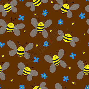 棕色背景上有蜜蜂和鲜花的无缝图案 可爱的卡通黄蜂角色 邀请函 卡片 纺织品 织物的模板设计 涂鸦风格 矢量股票图图片