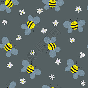 与蜜蜂和花在灰色背景上的无缝模式 可爱的卡通黄蜂角色 邀请函 卡片 纺织品 织物的模板设计 涂鸦风格 矢量股票图手指插图漏洞卡通图片