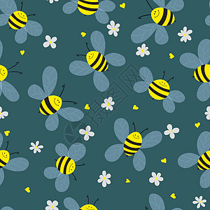 蓝色背景上有蜜蜂和鲜花的无缝图案 可爱的卡通黄蜂角色 邀请函 卡片 纺织品 织物的模板设计 涂鸦风格 矢量股票图图片