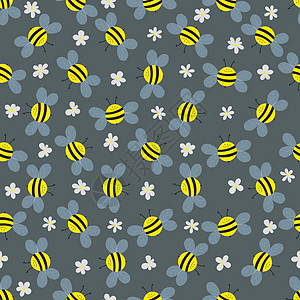 与蜜蜂和花在灰色背景上的无缝模式 可爱的卡通黄蜂角色 邀请函 卡片 纺织品 织物的模板设计 涂鸦风格 矢量股票图手指飞行动物打印图片