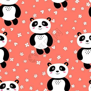 与可爱的熊猫宝宝在彩色背景上的无缝模式 有趣的亚洲动物 卡片 儿童明信片 织物 纺织品 壁纸 海报 礼品包装纸的平面矢量图哺乳动图片