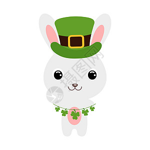 戴着绿色妖精帽子的可爱兔子 卡通可爱的动物与三叶草 白色背景上的矢量圣帕特里克节插图 爱尔兰节日民俗主题图片