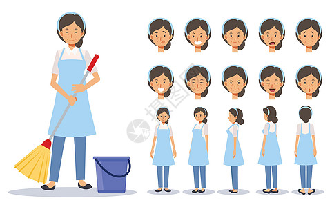 老太太的矢量插图集是管家 清洁工在各种行动 情绪表达 视图动画角色图片
