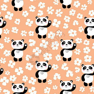 无缝模式与可爱的熊猫宝宝在彩色花卉背景 有趣的亚洲动物 卡片 儿童明信片 织物 纺织品 壁纸 礼品包装纸的平面矢量图绘画丛林土著背景图片