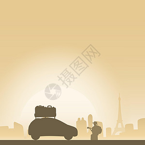 城市景观黄色渐变阴影背景插图 vecto 中戴帽子玩吉他的男人和带着埃菲尔铁塔的行李箱的汽车图片