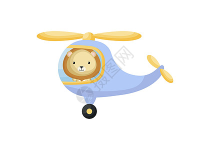 蓝色直升机的可爱的小狮子飞行员 儿童读物专辑的卡通人物婴儿淋浴贺卡派对邀请屋内部 矢量股票图图片