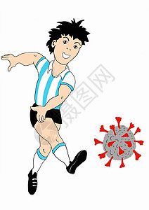 一名身穿阿根廷制服的足球运动员用一个手势将 covid-19 病毒踢走图片