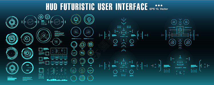 科幻未来派 hud 仪表板显示虚拟现实技术 scree测量展示设计游戏界面数据圆圈传感器插图导航图片