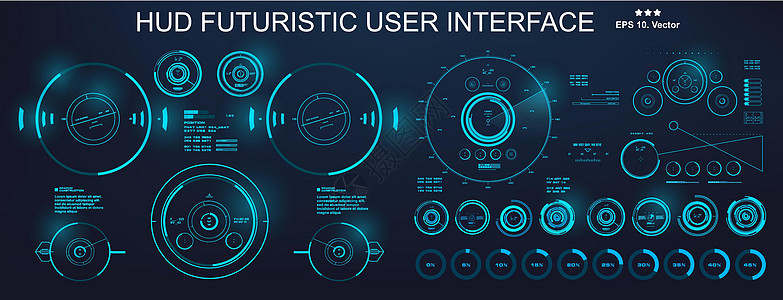 科幻未来派 hud 仪表板显示虚拟现实技术 scree显示器蓝色数据控制板控制柜台插图用户设计展示图片