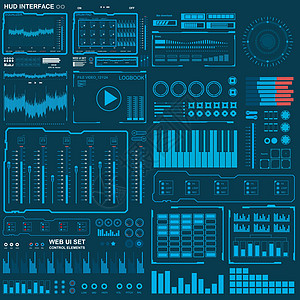 未来派蓝色虚拟图形触摸用户界面音乐界面曲目音量控制柜台导航技术高科技展示数据创新控制板屏幕圆圈图片