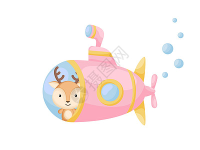 可爱的小鹿在粉红色的潜水艇上航行 儿童读物专辑的卡通人物婴儿淋浴贺卡派对邀请屋内部 矢量股票图图片