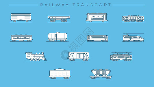 铁路运输概念线样式矢量图标集送货河豚蒸汽铁路货运柴油机铁轨旅行技术引擎图片