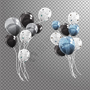 在背景下隔离的彩色光泽氦气球组 一套银色 黑色 蓝色 白色和五彩纸屑气球 适合生日 周年纪念 庆典派对装饰 矢量插图图片