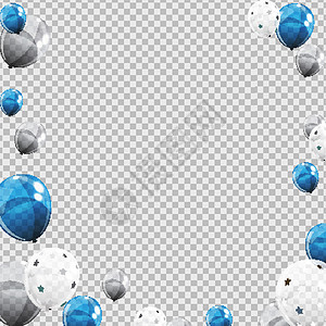 在背景下隔离的彩色光泽氦气球组 一套银色 蓝色 白色和五彩纸屑气球 适合生日 周年纪念 庆典派对装饰 矢量插图图片