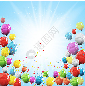 在天空自然背景下隔离的彩色光泽氦气球组 它制作图案矢量假期丝带庆典婚礼玩具生日派对空气橡皮纪念日图片