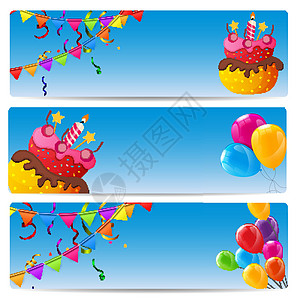 颜色有光泽的生日快乐气球和蛋糕横幅背景矢量它制作图案娱乐飞行派对礼物狂欢标签节日边界墙纸庆典图片