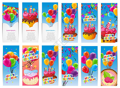 彩色光泽生日快乐气球和蛋糕横幅设置背景矢量它制作图案图片