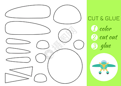 拼色和胶纸绿色飞机 剪切并粘贴工艺活动页面 学龄前儿童的教育游戏  DIY 工作表 儿童逻辑游戏活动拼图 矢量股票图孩子们贴花卡图片