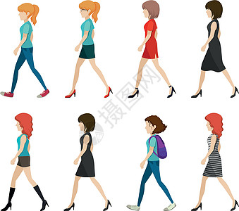 走在一个方向的无脸女士服装女性高跟鞋女孩们牛仔裤裤子白色卡通片背包裙子背景图片