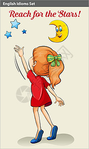 一个女孩到达星星的英语成语裙子绘画艺术菜单语言艺术品文字红色月亮女孩图片