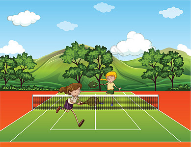 网球运动乐趣法庭女士竞赛娱乐山脉风景绘画游戏图片