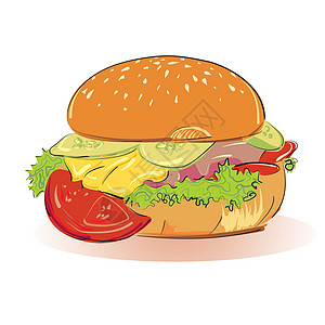 素描风格的汉堡包芝士涂鸦牛扒插图蔬菜洋葱营养饮食芝麻晚餐图片