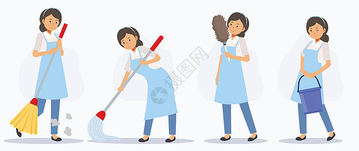 一套女清洁工的各种动作 清扫 拖地 除尘 平面矢量卡通人物插画图片