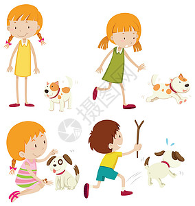 户外宠物套各种各样的幼儿和狗毛皮女孩插图乐趣犬类哺乳动物男生宠物动物白色设计图片