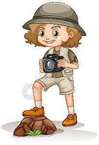 在白色背景上的 safari 装的女孩戏服探险家岩石情感摄影瞳孔石头孩子们卵石相机图片