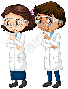 穿着科学长袍的男孩和女孩站着图片