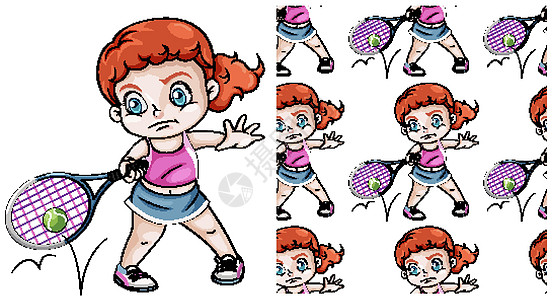 无缝设计模式隔离在惠特女性孩子女孩球拍墙纸包装运动插图卡通片网球图片