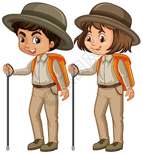 男孩和女孩在白色背景上的童子军制服远足者童年学生男性男孩们拐杖插图女士瞳孔行动图片