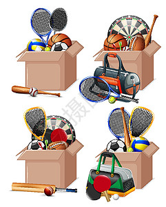 白色背景上装满运动器材的盒子闲暇橄榄球飞镖棒球羽毛球足球滑板乒乓烤架网球图片