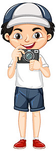 一个带数码相机的快乐男孩图片