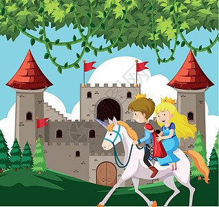骑马的王子和公主卡通片城堡收藏绘画故事传奇夹子童话皇家艺术图片