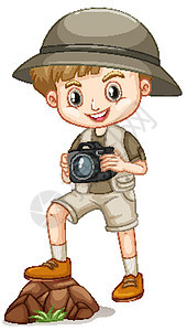 在白色背景上穿着狩猎装的可爱男孩岩石衣服微笑青年男人时代瞳孔旅行孩子们摄影图片