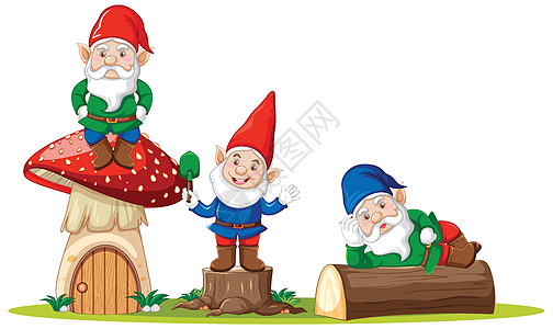 圣诞老人小孩白色背景上的侏儒和蘑菇屋卡通人物设计图片